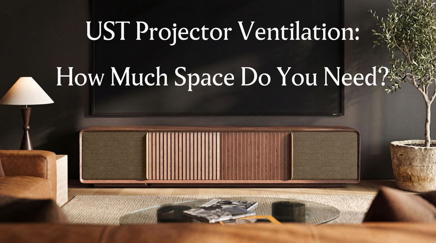 Wooden UST projector cabinet beneath a large screen in a modern living room, introducing projector ventilation and space requirements for enclosed home theater equipment.