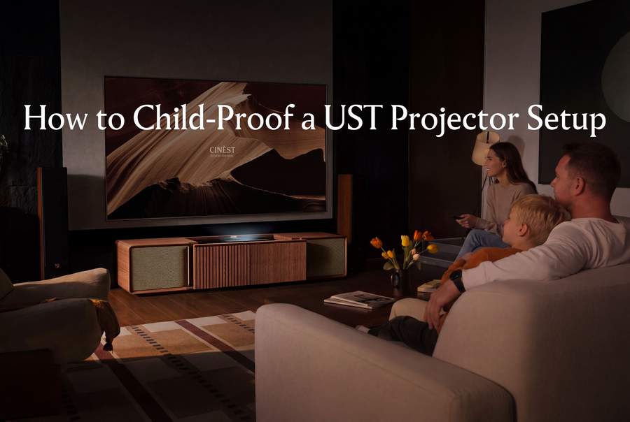 Family watching a large screen above a wooden UST projector cabinet, introducing child-proofing tips for a safer ultra short throw projector setup.