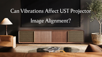 Wooden UST projector cabinet beneath a large screen in a modern living room, introducing how vibrations can affect UST projector image alignment.