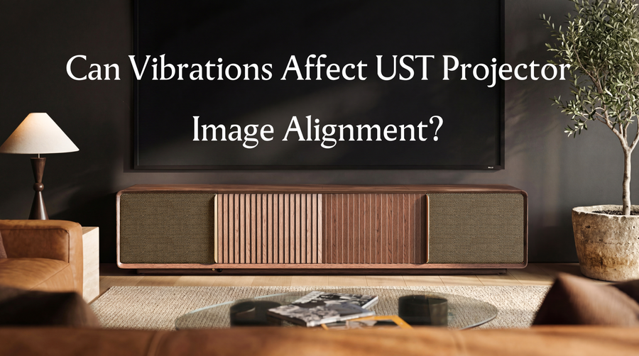 Wooden UST projector cabinet beneath a large screen in a modern living room, introducing how vibrations can affect UST projector image alignment.