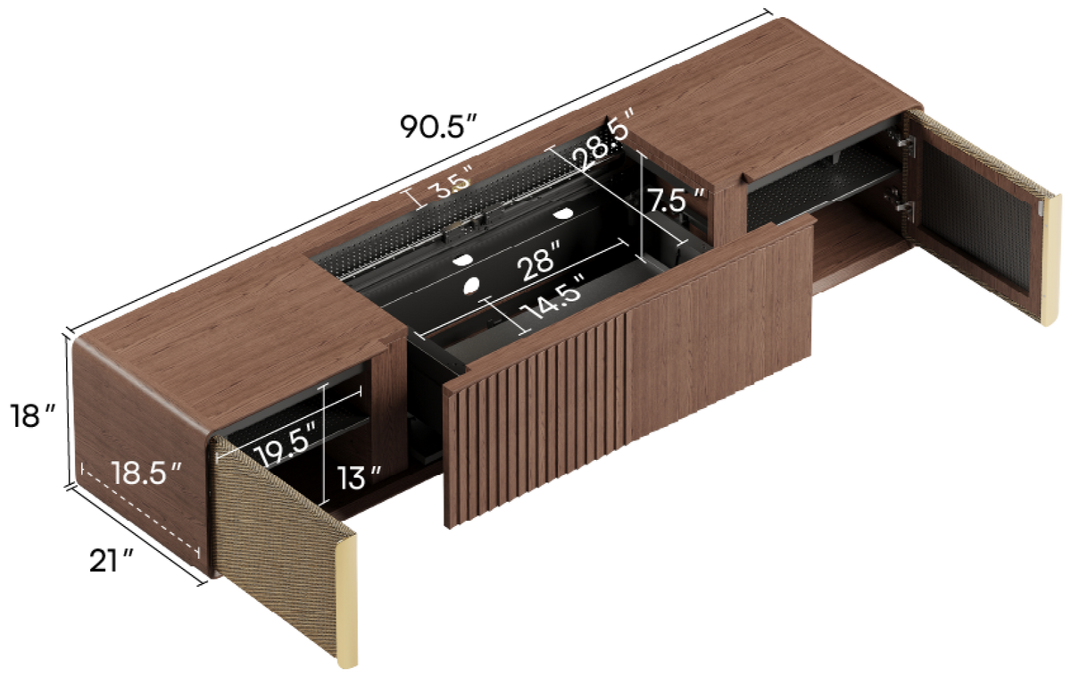 A brown wooden media console or TV stand shown at an angle with multiple drawers and cabinet doors open, overlaid with dimension labels such as 90.5 inches, 28 inches, 14.