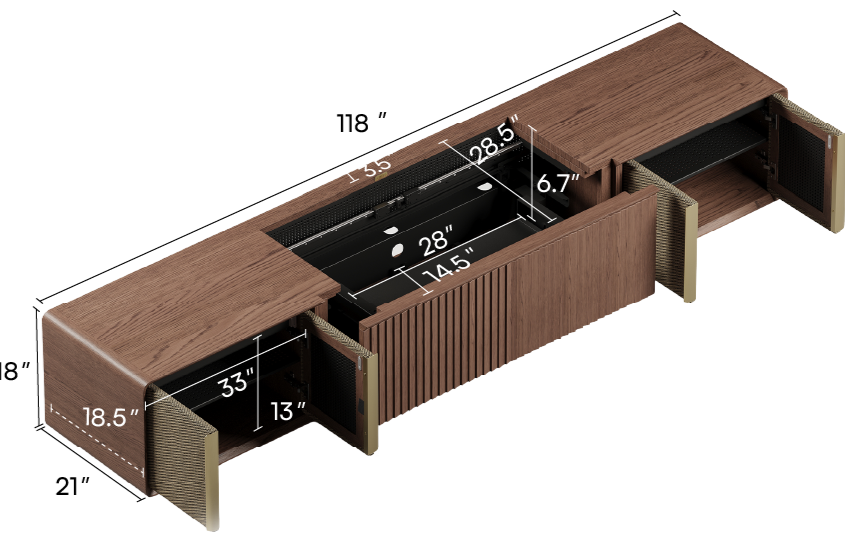 A 3D isometric rendering of a modern brown wooden UST projector cabinet with dimension callouts showing the cabinet and interior compartment measurements.