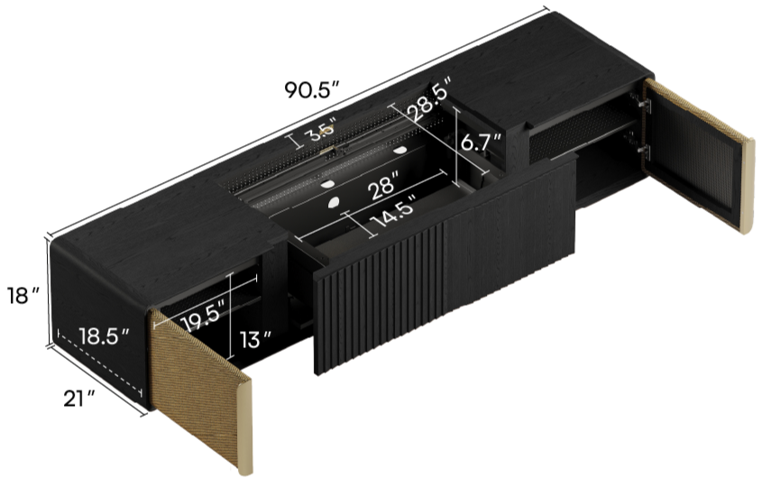 A 3D isometric rendering of a modern black wooden UST projector cabinet with dimension callouts showing the cabinet and interior compartment measurements.