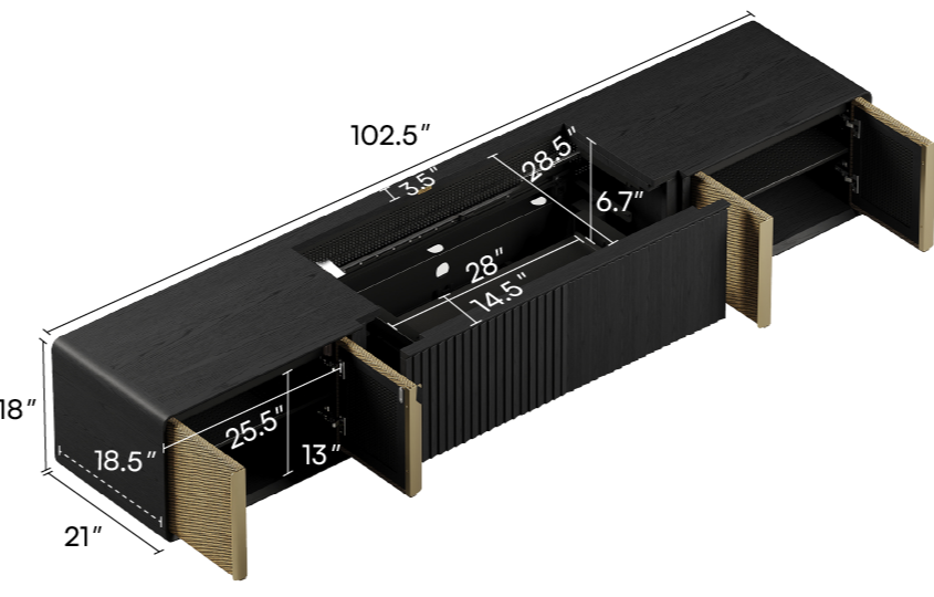 A 3D isometric rendering of a modern black wooden UST projector cabinet with dimension callouts showing the cabinet and interior compartment measurements.