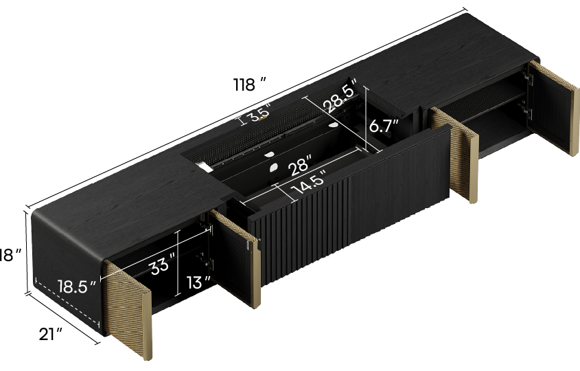 A 3D isometric rendering of a modern black wooden UST projector cabinet with dimension callouts showing the cabinet and interior compartment measurements.