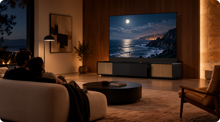 A modern living room at night featuring a CINEST UST projector cabinet with a projected ocean scene, a couple sitting on a sofa, warm ambient lighting, and a premium home theater atmosphere.