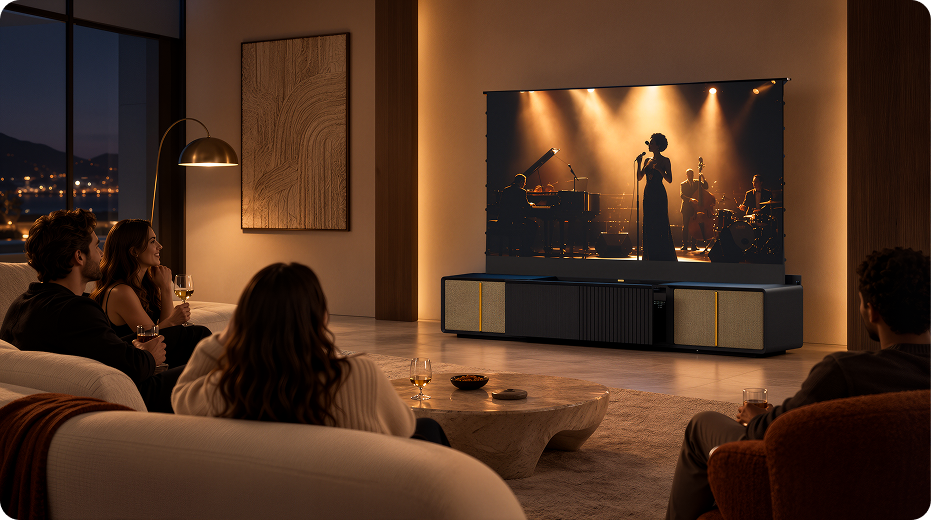 A modern living room featuring a CINEST UST projector cabinet with a projected concert scene, people relaxing on sofas, warm ambient lighting, and a premium home theater atmosphere.