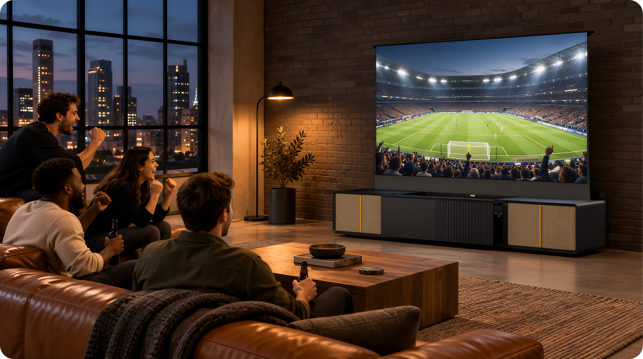 A modern living room featuring a CINEST UST projector cabinet with a projected soccer match, a group of friends watching together on a sofa, warm ambient lighting, and a premium home theater atmosphere.