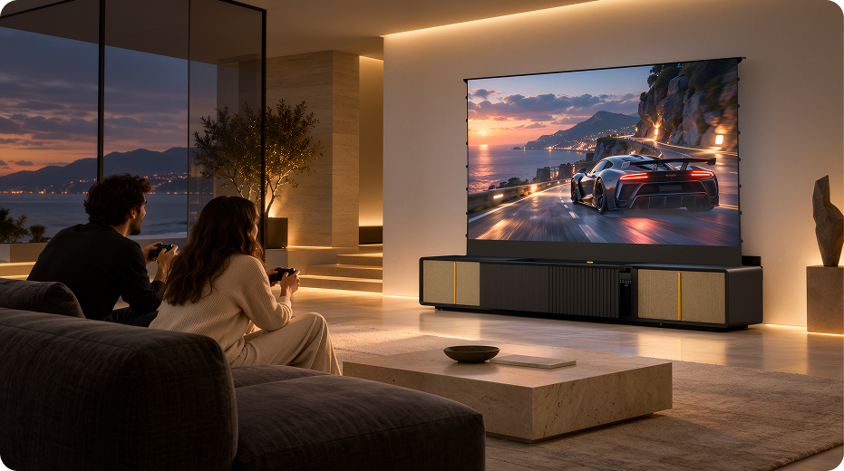 A modern living room featuring a CINEST UST projector cabinet with a projected racing scene, two people playing games on a sofa, warm ambient lighting, and a premium home theater environment.