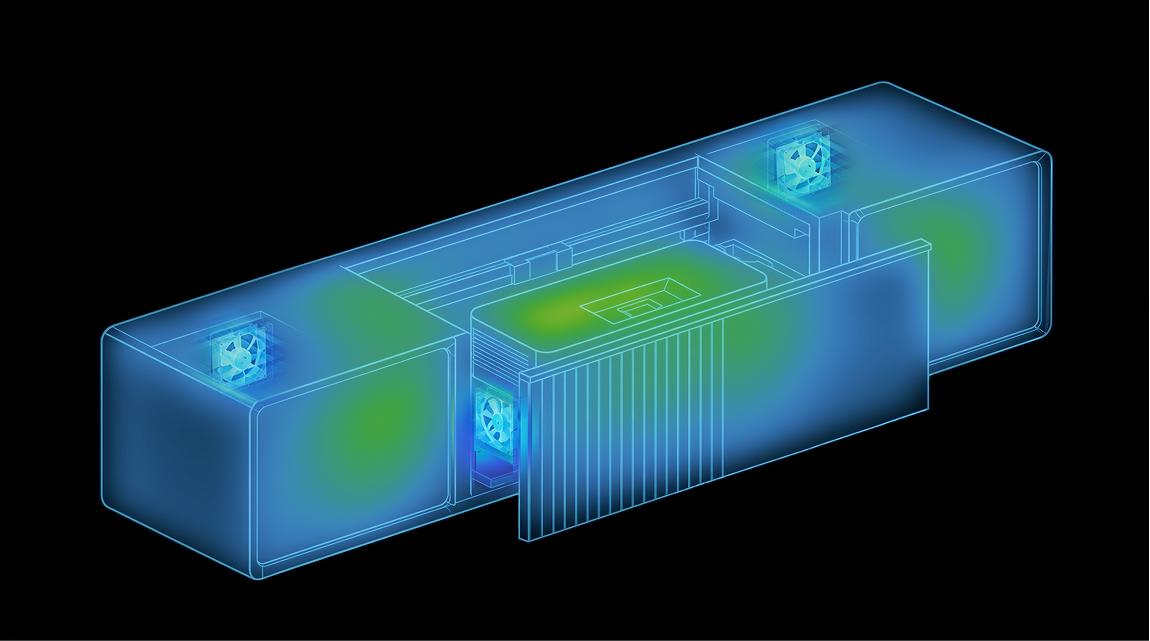 A translucent blue isometric rendering of a UST projector cabinet showing internal airflow and thermal management with heat distribution areas and cooling fans.